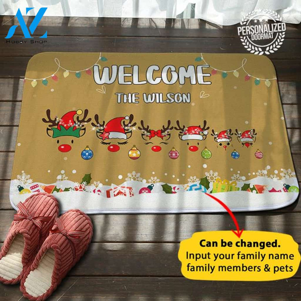 Reindeer Family Christmas Personalized Doormat