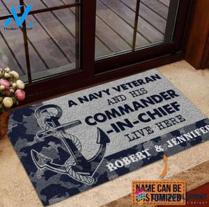 Gift For Veteran Lover Military Doormats Retired Soldier Personalized US Navy Veteran And His Commander In Chief Live Here Veteran Camo Couple Live Here Doormat HG