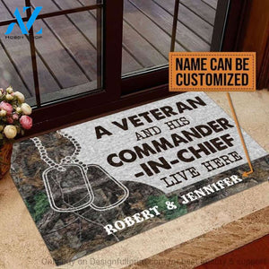 Gift For Veteran Lover Retired Soldier Personalized US Veteran And His Commander In Chief Live Here Veteran Camo Couple Live Here Doormat HG