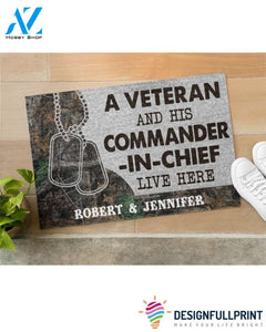 Gift For Veteran Lover Retired Soldier Personalized US Veteran And His Commander In Chief Live Here Veteran Camo Couple Live Here Doormat HG