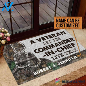 Gift For Veteran Lover Retired Soldier Personalized US Veteran And His Commander In Chief Live Here Veteran Camo Couple Live Here Doormat HG