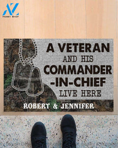 Gift For Veteran Lover Retired Soldier Personalized US Veteran And His Commander In Chief Live Here Veteran Camo Couple Live Here Doormat HG