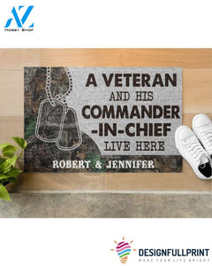 Gift For Veteran Lover Retired Soldier Personalized US Veteran And His Commander In Chief Live Here Veteran Camo Couple Live Here Doormat HG