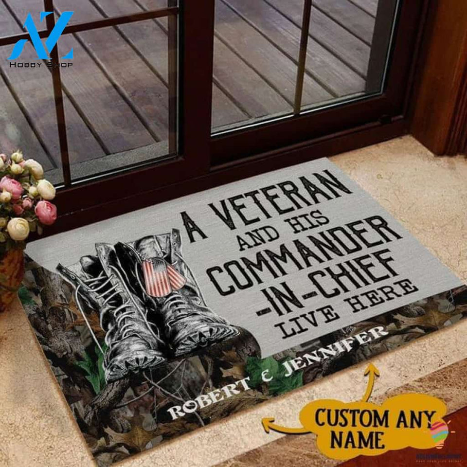 Gift For Veteran Lover Retired Soldier Personalized US Veteran And His Commander In Chief Live Here Veteran Camo Couple Live Here Doormat HG military doormats