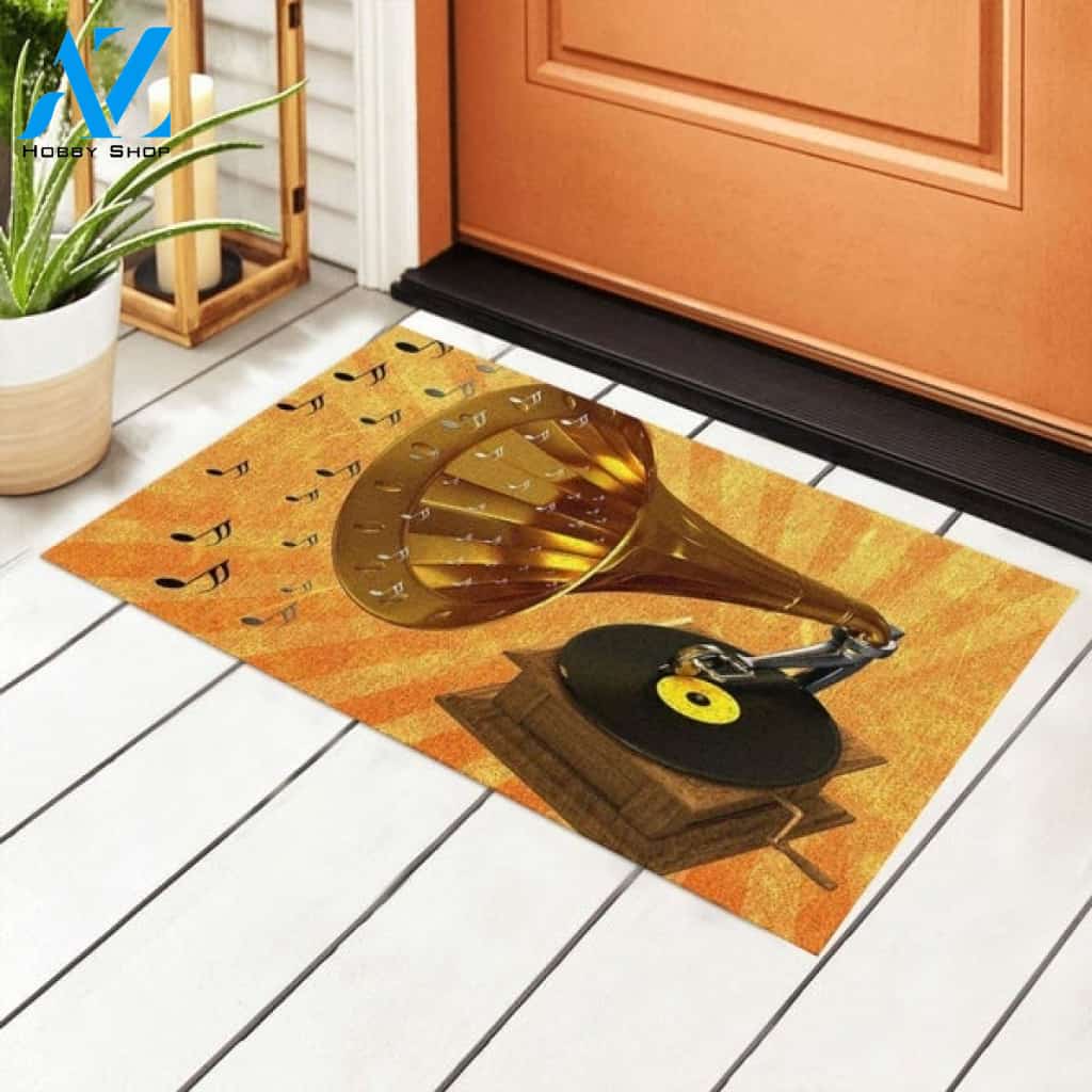 Retro Classic Brass Phonograph Music Notes Orange Background Doormat Welcome Mat Housewarming Gift Home Decor Funny Doormat Gift For Music Lovers