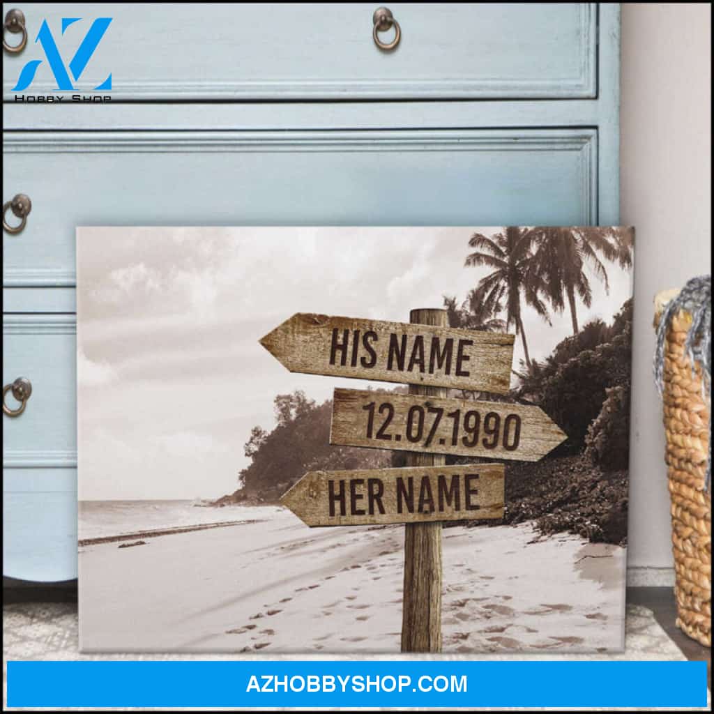 Romantic Gifts For Wife Personalized Couple Names On Beach Sign Coastal Wall Decor Canvas