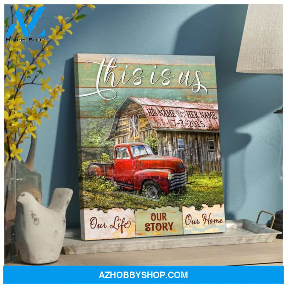 Ohcanvas Romantic Personalized Custom Name and Date Old Barn and Red Rustic Truck This is us Gift for couple Gift for her Gift for him Farm Farmer Farmhouse Wall Art Decor