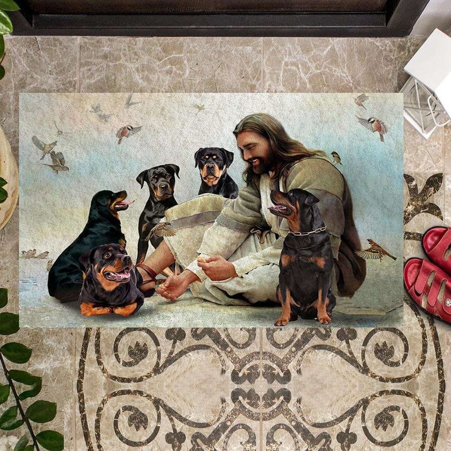 Jesus Surrounded By Rottweilers Doormat