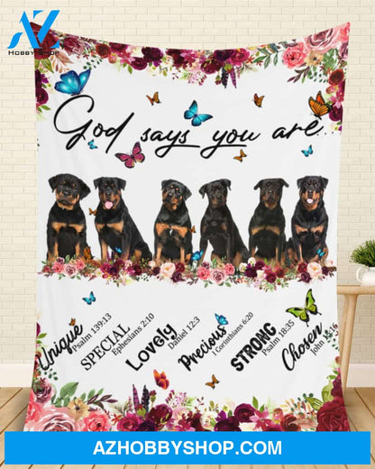 Rottweiler - God Says You Are - Floral Butterflies Blanket Gift for Dog Lovers Birthday Gift Home Decor Bedding Couch Sofa Soft and Comfy Cozy