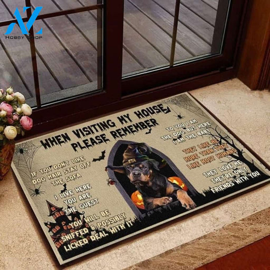 Rottweiler Halloween Visiting My House Please Remember Doormat Welcome Mat Housewarming Gift Home Decor Funny Doormat Gift for Dog Lovers