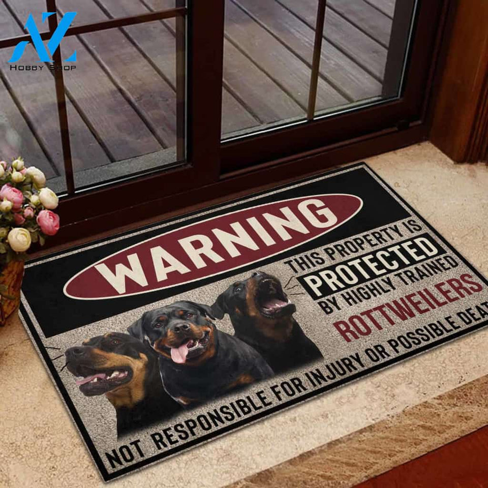 Rottweiler Highly Trained Warning Rubber Base Doormat | Welcome Mat | House Warming Gift