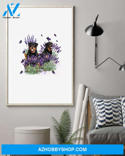 Rottweiler with lavender flower poster
