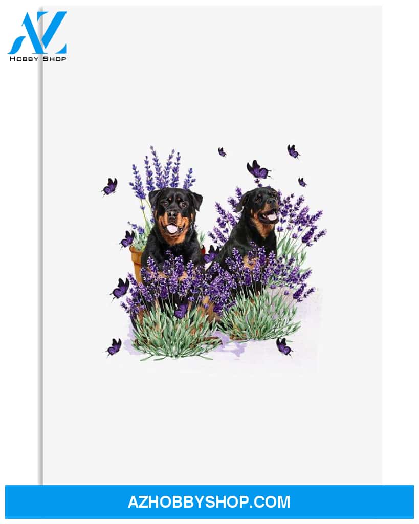 Rottweiler with lavender flower poster