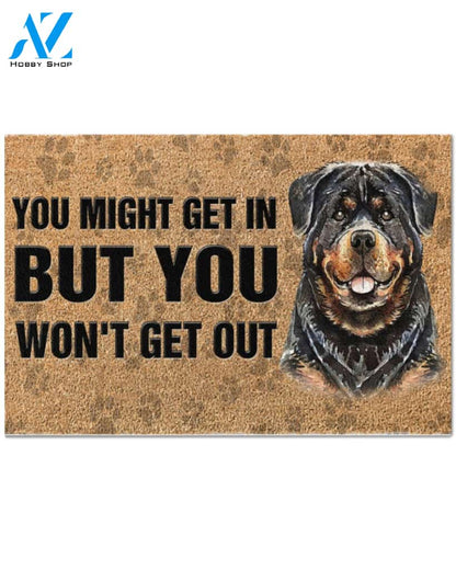 Rottweiler you might get in but you won't get out Doormat | Welcome Mat | House Warming Gift
