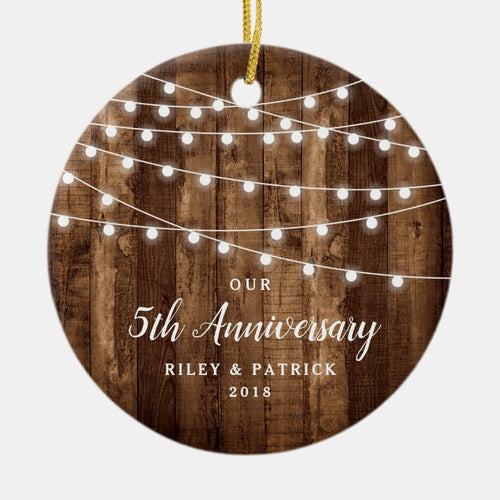 Rustic Country Woodgrain Anniversary Dated Ceramic Ornament