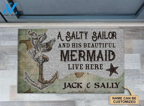 Sailor And His Beautiful Mermaid Live Here Custom Doormat | Welcome Mat | House Warming Gift