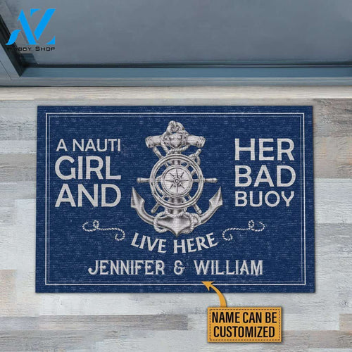Sailor Blue Nauti Girl Bad Buoy Live Here Custom Doormat | Welcome Mat | House Warming Gift