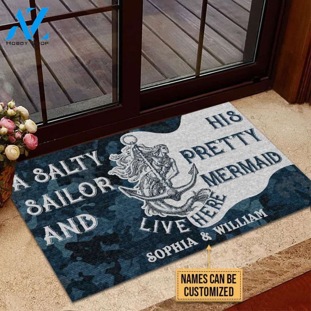 Sailor Camo Pretty Mermaid Live Here Custom Doormat | Welcome Mat | House Warming Gift