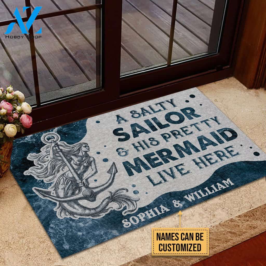 Sailor Sea Salty Sailor Pretty Mermaid Live Here Custom Doormat | Welcome Mat | House Warming Gift