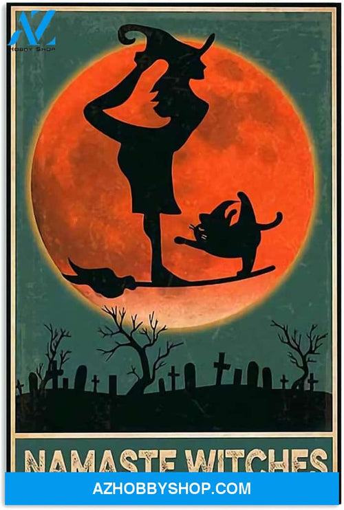 Salem Sanctuary Namaste Witch Cat Silhouette Yoga Meditation Canvas And Poster, Wall Decor Visual Art, Halloween Gift, Happy Halloween