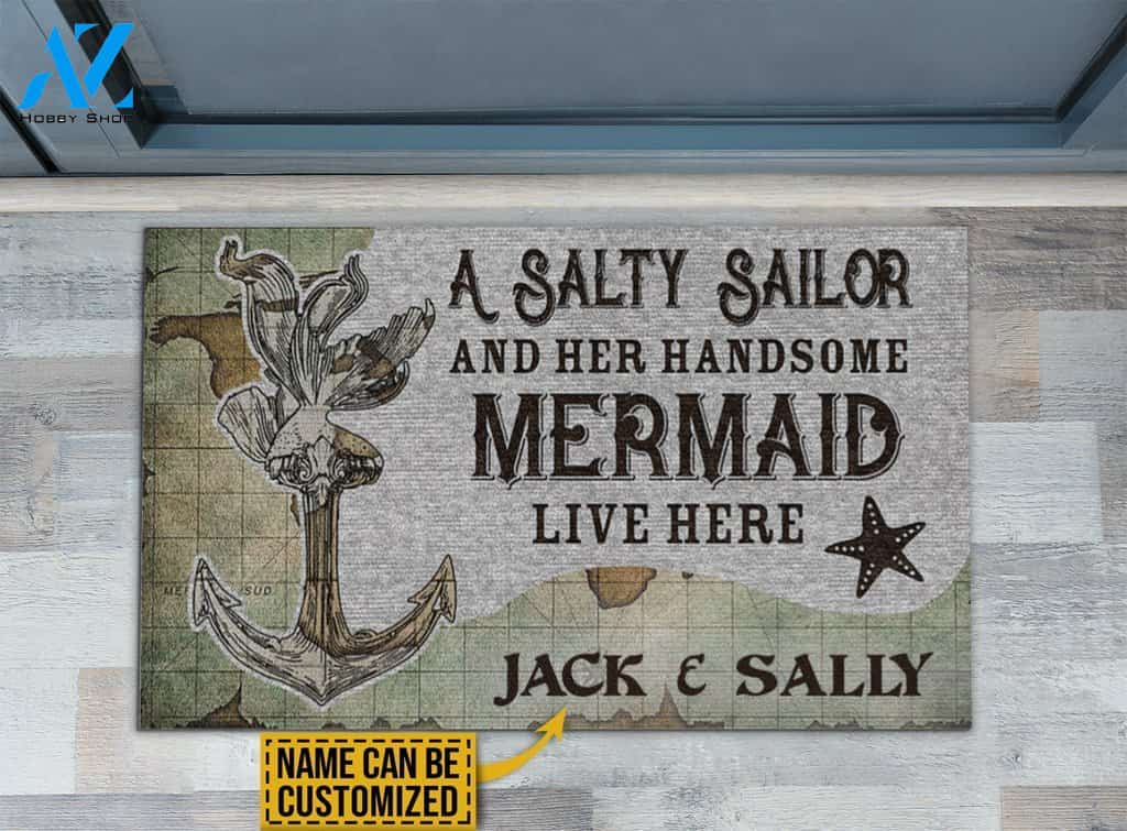 Salty Sailor Handsome Mermaid Live Here Custom Doormat | Welcome Mat | House Warming Gift