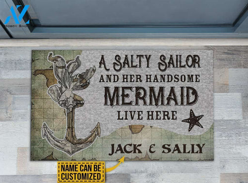 Salty Sailor Handsome Mermaid Live Here Custom Doormat | Welcome Mat | House Warming Gift