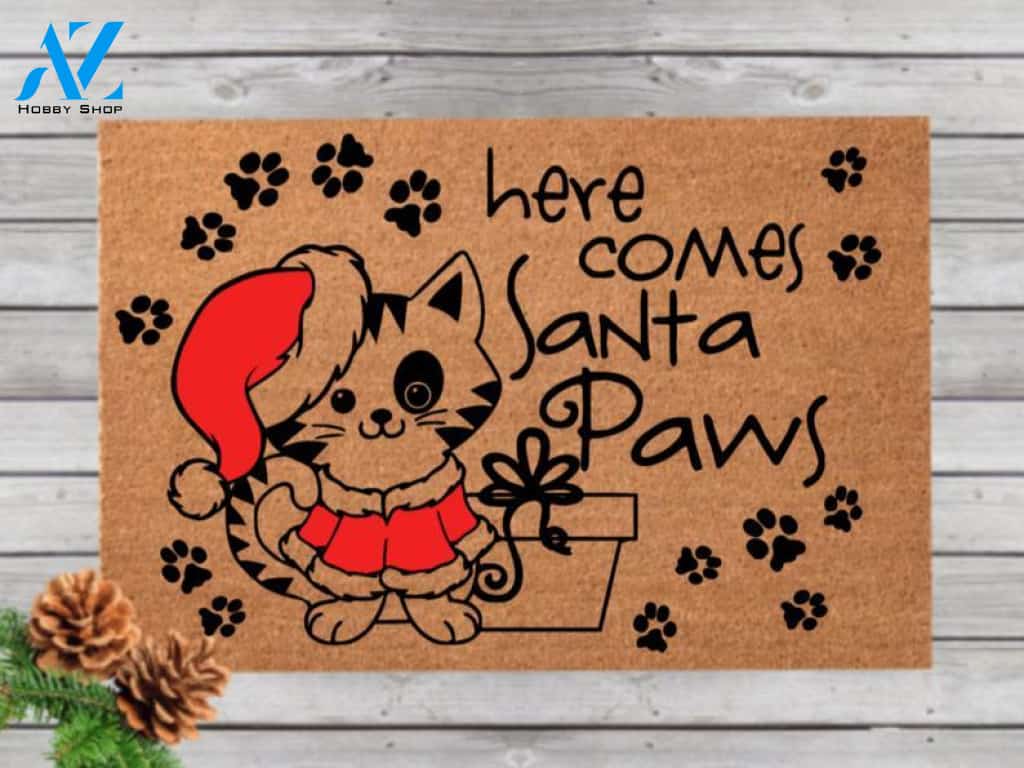 Santa Cat Kitty Christmas Doormat, Cat Santa Hat Outdoor Door mat, Merry X-Mas Coir Mat, Personalized Front Door Decor, Holiday Gift Welcome