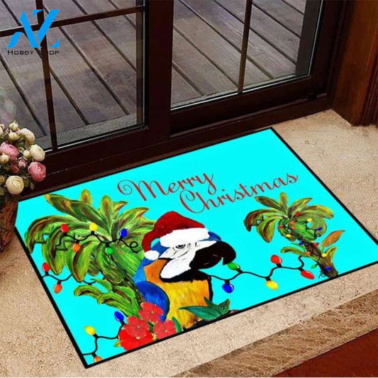 Santa Christmas Parrot Head Tropical Holiday Merry Christmas Easy Clean Welcome DoorMat | Felt And Rubber | DO3279
