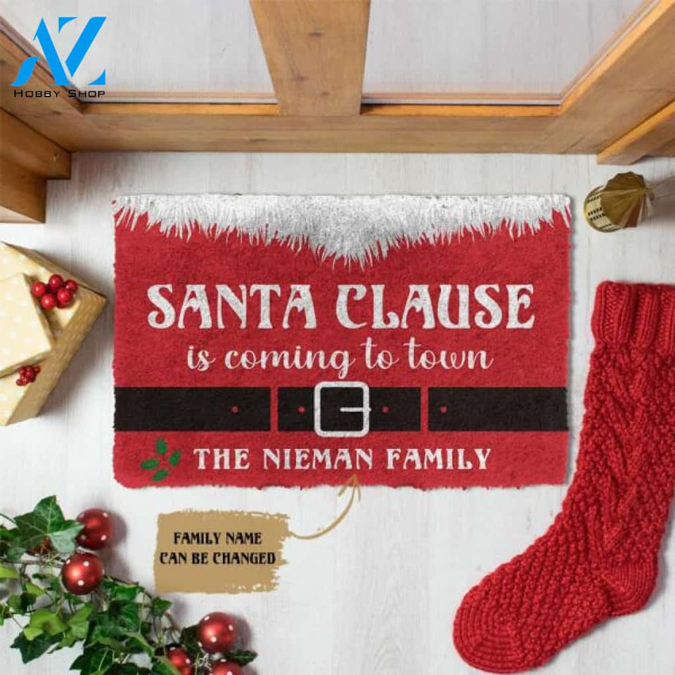 Santa Clause Is Comming To Town Personalized Doormat