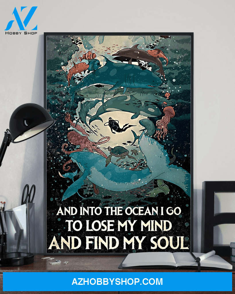Scuba Diving And Shark Poster Into The Ocean Lose My Mind Find My Soul Vintage Poster Canvas, Wall Decor Visual Art