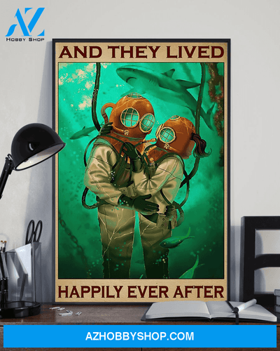 Scuba Diving Couple Poster And They Lived Happily Ever After Vintage Poster Canvas, Wall Decor Visual Art