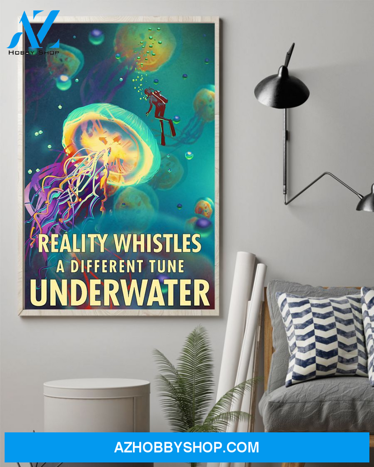 Scuba Diving Jellyfish Poster Reality Whistles A Different Tune Underwater Vintage Poster Canvas, Wall Decor Visual Art