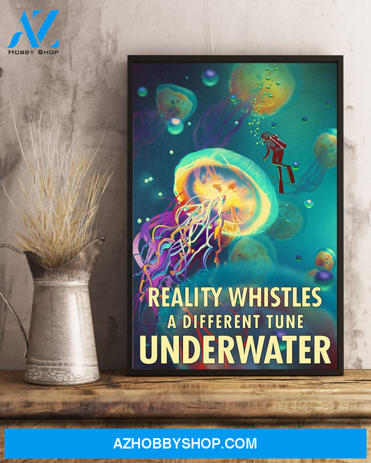 Scuba Diving Jellyfish Poster Reality Whistles A Different Tune Underwater Vintage Poster Canvas, Wall Decor Visual Art