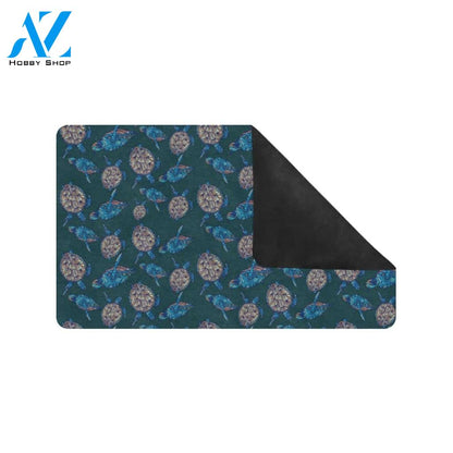 Sea Turtle Hand Drawn Blue Print Rubber Doormat