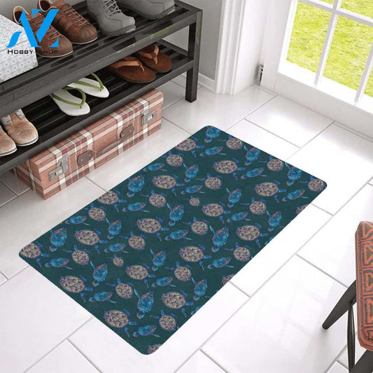 Sea Turtle Hand Drawn Blue Print Rubber Doormat