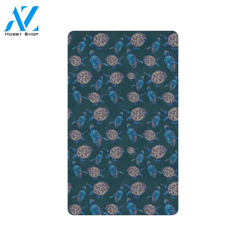 Sea Turtle Hand Drawn Blue Print Rubber Doormat