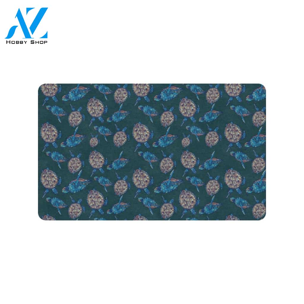 Sea Turtle Hand Drawn Blue Print Rubber Doormat