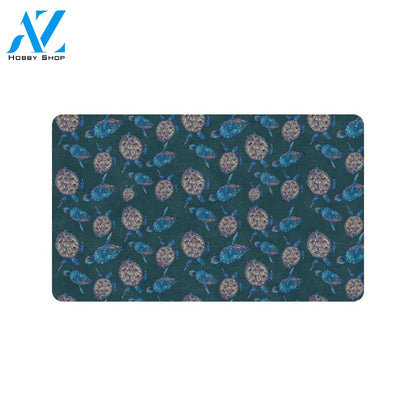 Sea Turtle Hand Drawn Blue Print Rubber Doormat