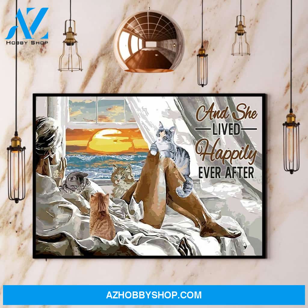 Seaside Girl Cat And She Lived Happily Ever After Canvas And Poster, Wall Decor Visual Art