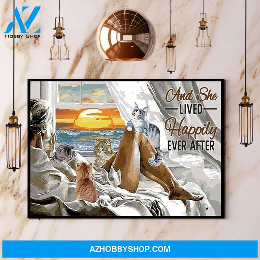 Seaside Girl Cat And She Lived Happily Ever After Canvas And Poster, Wall Decor Visual Art