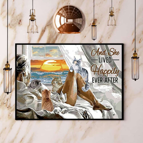 Seaside Girl Cat And She Lived Happily Ever After Paper Poster No Frame Matte Canvas Wall Decor