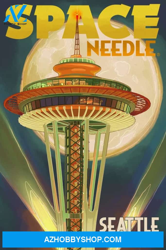 Seattle Washington Space Needle And Full Moon