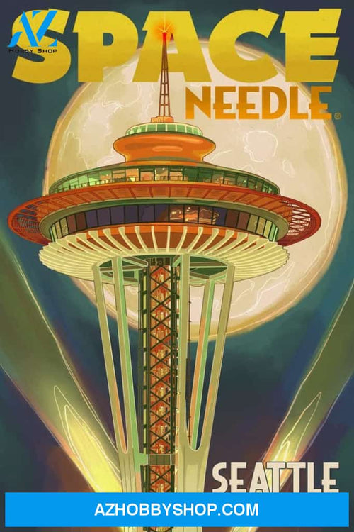Seattle Washington Space Needle And Full Moon