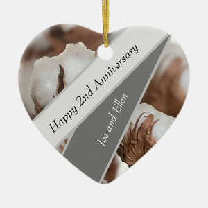 Second Anniversary With Cotton Plant Heart Shaped Ceramic Ornament