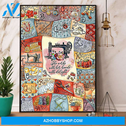 Sewing She Works With Her Hand With Delight Canvas And Poster, Wall Decor Visual Art