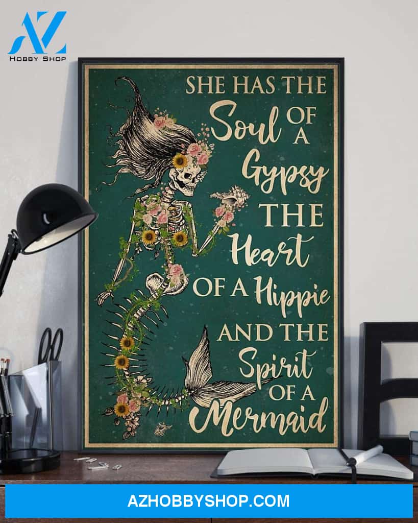 She Has The Soul Of A Gypsy The Heart Of A Hippie The Spirit Of A Mermaid Skeleton Mermaid Canvas And Poster, Wall Decor Visual Art, Halloween Gift, Happy Halloween