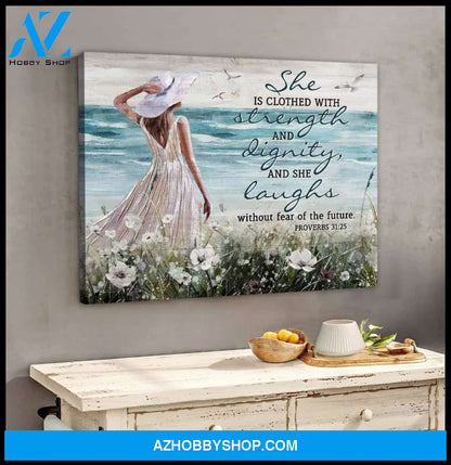 She Is Clothed With Strength Beach Wall Art Canvas