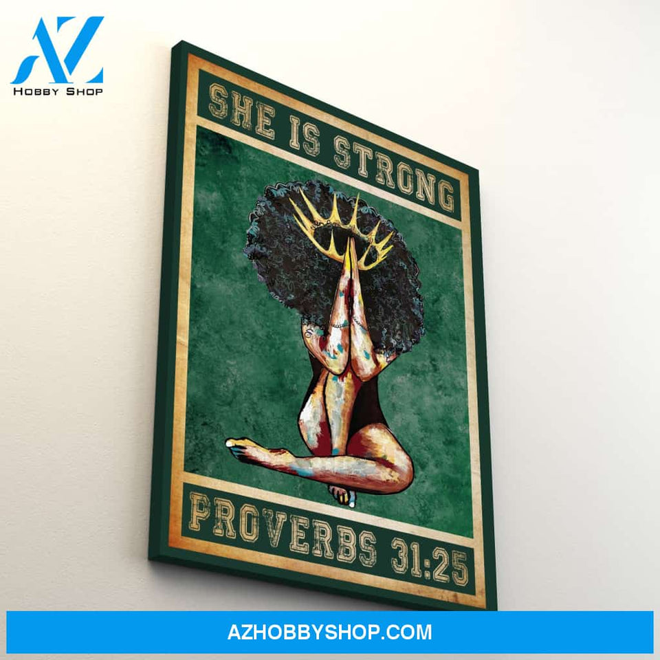 She Is Strong Proverbs 31:25 Black Girl Praying Jesus Vintage Canvas For African American Women
