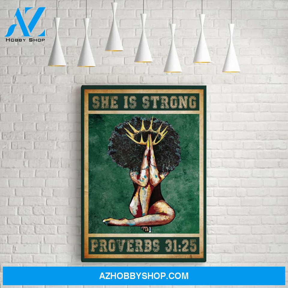 She Is Strong Proverbs 31:25 Black Girl Praying Jesus Vintage Canvas For African American Women