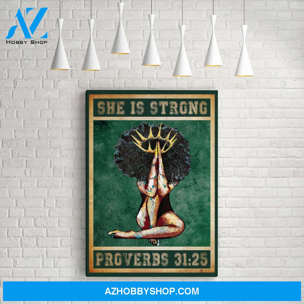 She Is Strong Proverbs 31:25 Black Girl Praying Jesus Vintage Canvas For African American Women